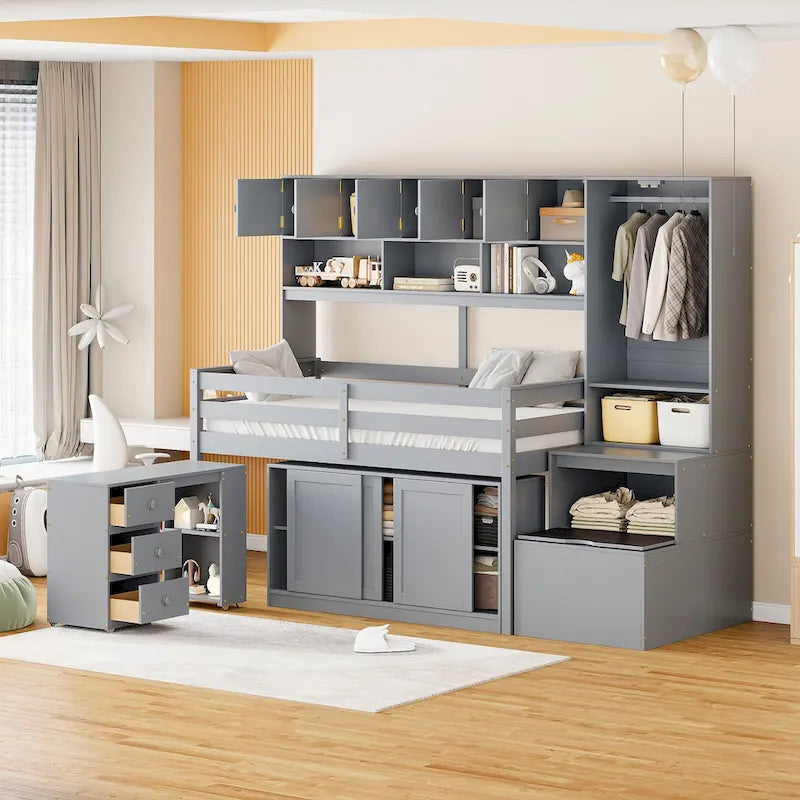 Lit mezzanine en bois grand rangement avec bureau, tiroirs et étagères sous le lit