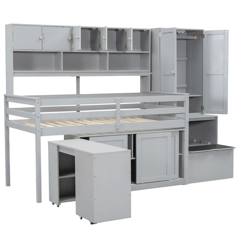 Lit mezzanine en bois grand rangement avec bureau, tiroirs et étagères sous le lit