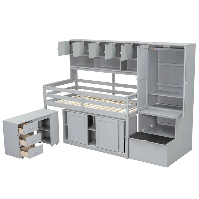 Lit mezzanine en bois grand rangement avec bureau, tiroirs et étagères sous le lit