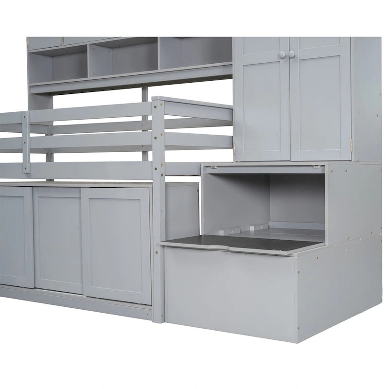 Lit mezzanine en bois grand rangement avec bureau, tiroirs et étagères sous le lit