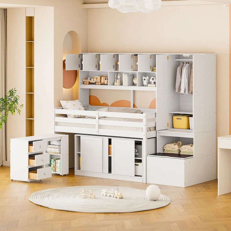 Lit mezzanine en bois grand rangement avec bureau, tiroirs et étagères sous le lit