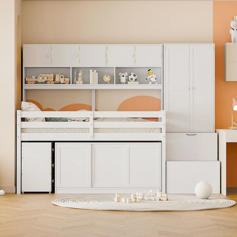 Lit mezzanine en bois grand rangement avec bureau, tiroirs et étagères sous le lit