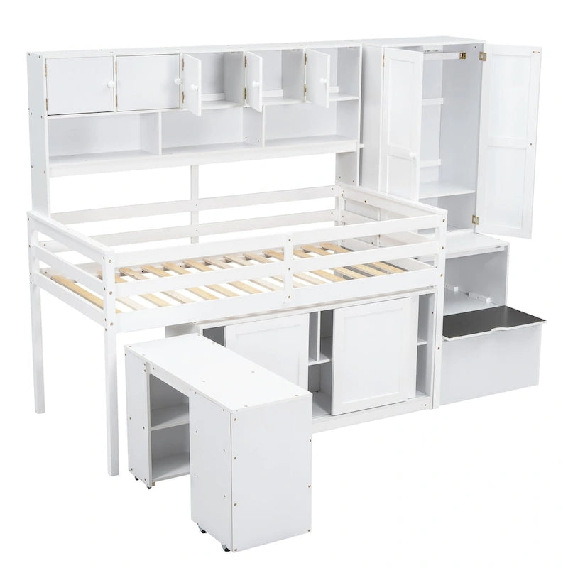 Lit mezzanine en bois grand rangement avec bureau, tiroirs et étagères sous le lit