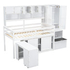 Lit mezzanine en bois grand rangement avec bureau, tiroirs et étagères sous le lit