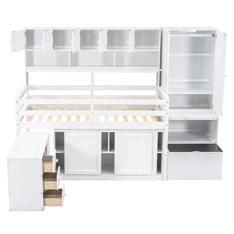 Lit mezzanine en bois grand rangement avec bureau, tiroirs et étagères sous le lit