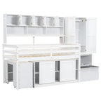 Lit mezzanine en bois grand rangement avec bureau, tiroirs et étagères sous le lit