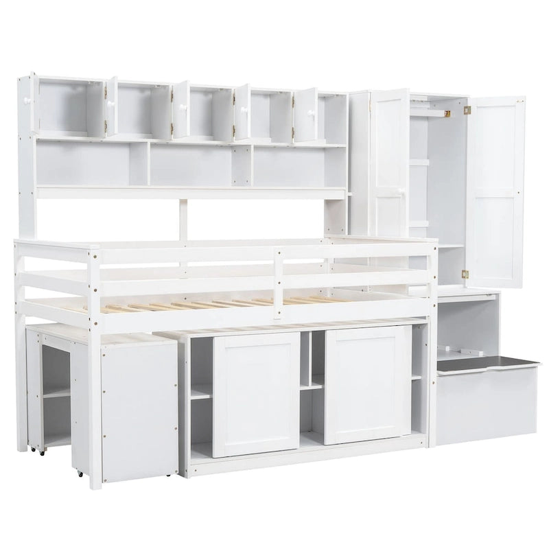 Lit mezzanine en bois grand rangement avec bureau, tiroirs et étagères sous le lit