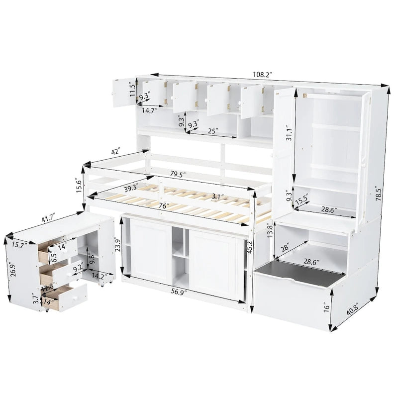 Lit mezzanine en bois grand rangement avec bureau, tiroirs et étagères sous le lit