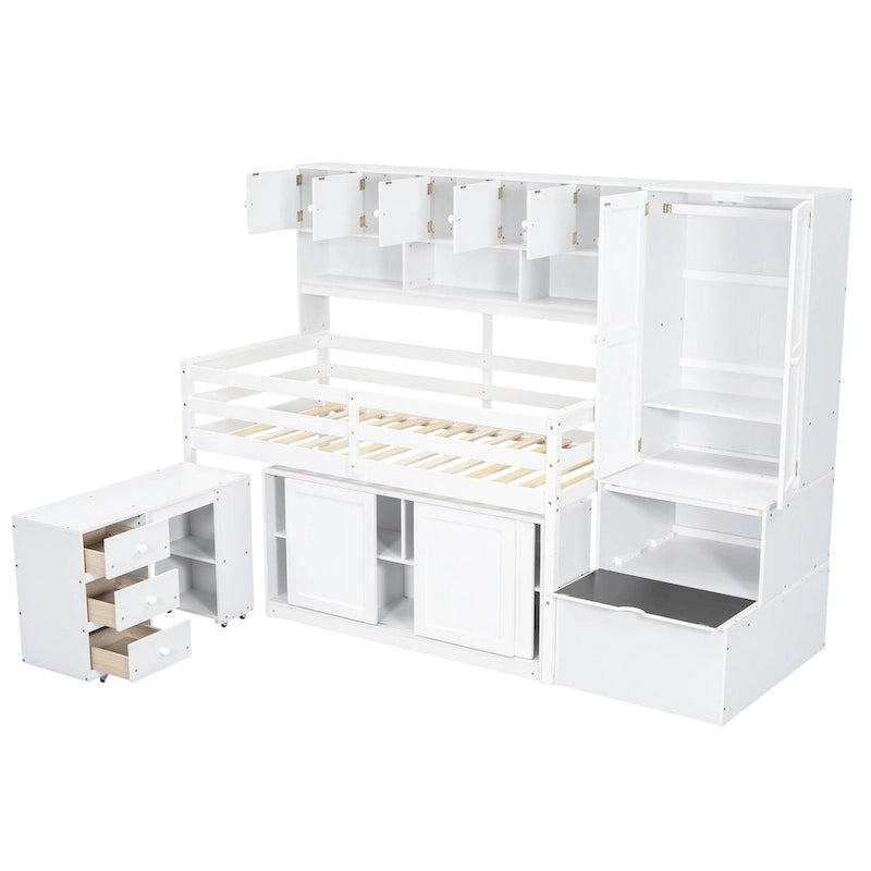 Lit mezzanine en bois grand rangement avec bureau, tiroirs et étagères sous le lit