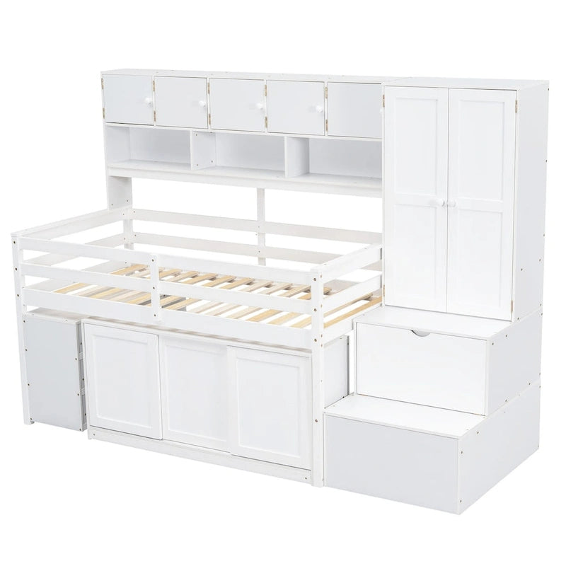 Lit mezzanine en bois grand rangement avec bureau, tiroirs et étagères sous le lit