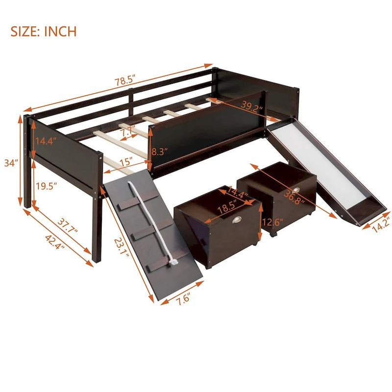 Lit mezzanine double avec trois tableaux noirs, deux boîtes de rangement et un toboggan, parfait pour l'aire de jeux de la chambre des enfants