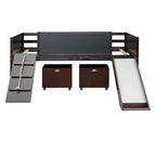 Lit mezzanine double avec trois tableaux noirs, deux boîtes de rangement et un toboggan, parfait pour l'aire de jeux de la chambre des enfants