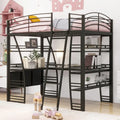 Lit mezzanine en métal noir avec 4 étagères, bureau en L, prises, ports USB, charge sans fil