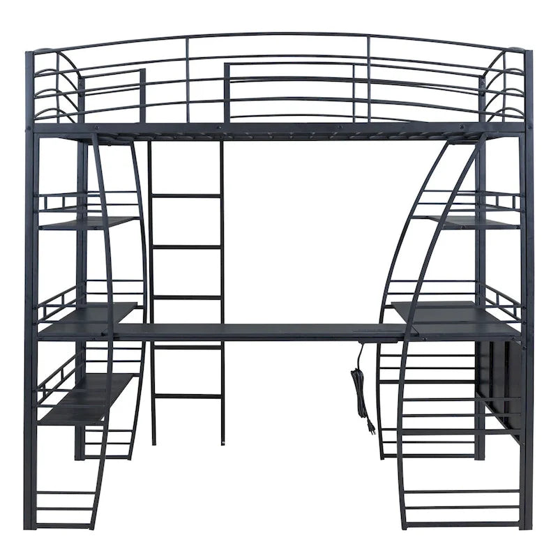 Lit mezzanine en métal noir avec 4 étagères, bureau en L, prises, ports USB, charge sans fil