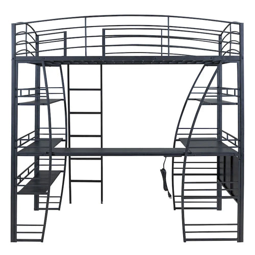 Lit mezzanine en métal noir avec 4 étagères, bureau en L, prises, ports USB, charge sans fil
