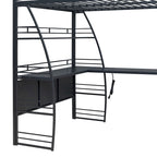 Lit mezzanine en métal noir avec 4 étagères, bureau en L, prises, ports USB, charge sans fil