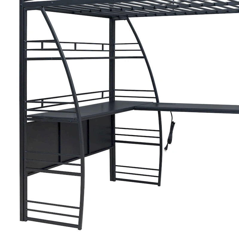 Lit mezzanine en métal noir avec 4 étagères, bureau en L, prises, ports USB, charge sans fil