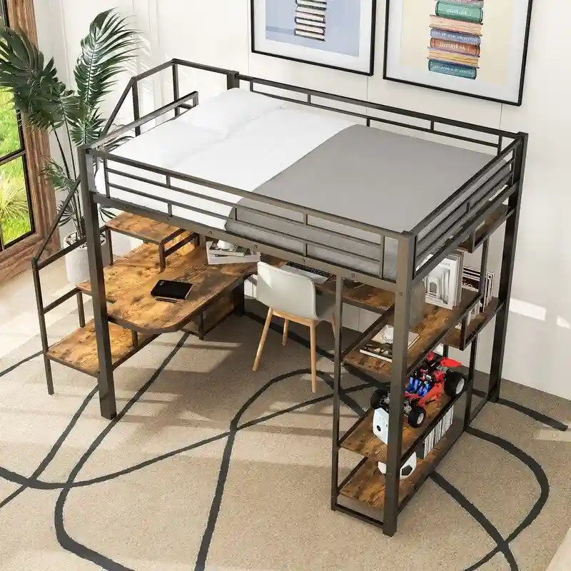 Lit mezzanine double en métal avec armoire, bureau intégré et étagères de rangement