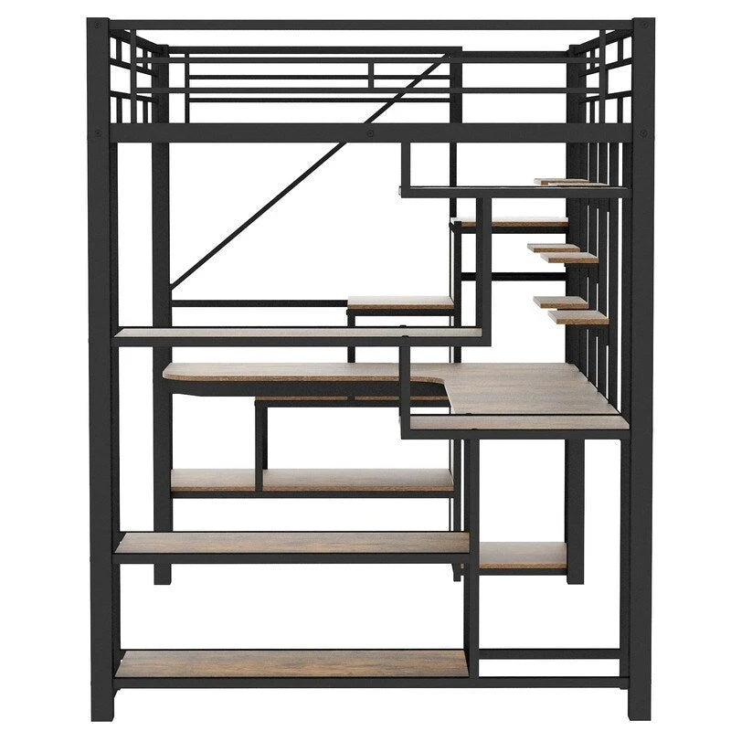 Lit mezzanine double en métal avec armoire, bureau intégré et étagères de rangement