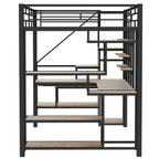 Lit mezzanine double en métal avec armoire, bureau intégré et étagères de rangement