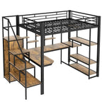 Lit mezzanine double en métal avec armoire, bureau intégré et étagères de rangement