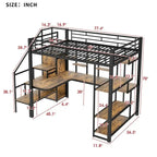 Lit mezzanine double en métal avec armoire, bureau intégré et étagères de rangement