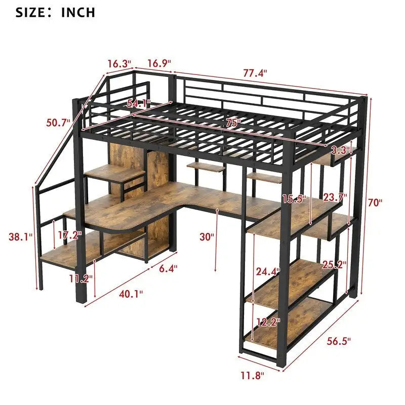 Lit mezzanine double en métal avec armoire, bureau intégré et étagères de rangement
