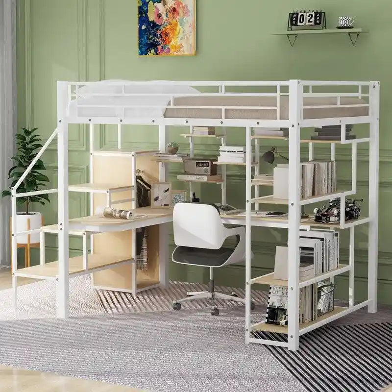 Lit mezzanine double en métal avec armoire, bureau intégré et étagères de rangement
