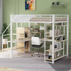 Lit mezzanine double en métal avec armoire, bureau intégré et étagères de rangement