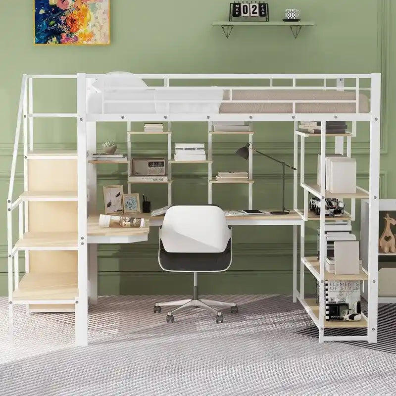 Lit mezzanine double en métal avec armoire, bureau intégré et étagères de rangement
