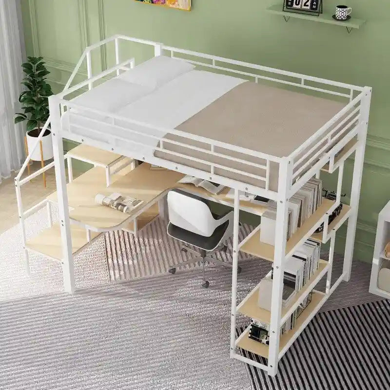 Lit mezzanine double en métal avec armoire, bureau intégré et étagères de rangement