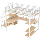Lit mezzanine double en métal avec armoire, bureau intégré et étagères de rangement