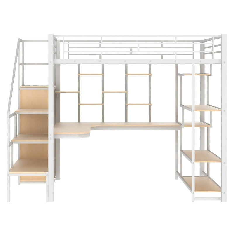 Lit mezzanine double en métal avec armoire, bureau intégré et étagères de rangement