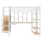 Lit mezzanine double en métal avec armoire, bureau intégré et étagères de rangement