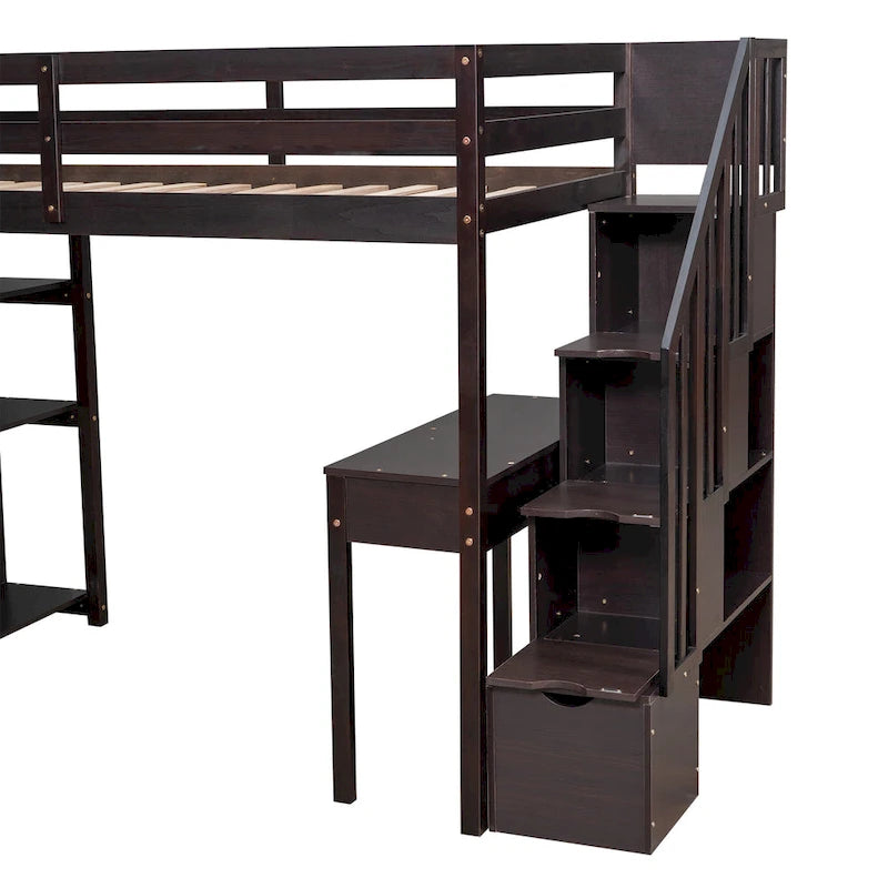 Lit mezzanine jumeau, avec bureau intégré, tiroirs et escalier de rangement