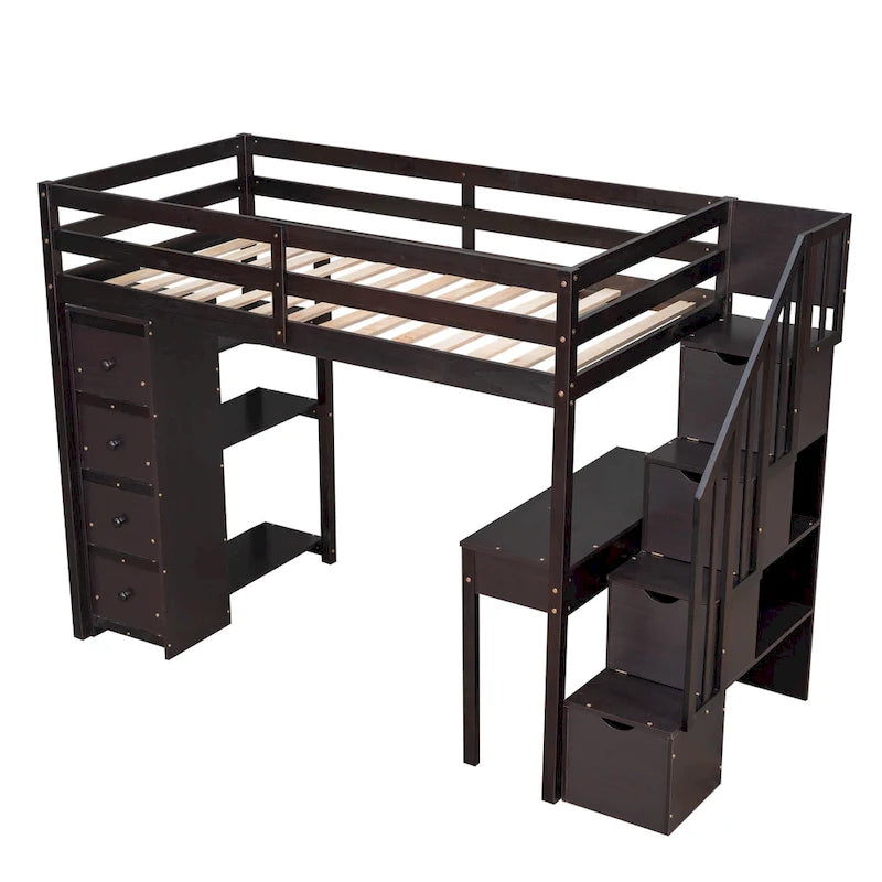 Lit mezzanine jumeau, avec bureau intégré, tiroirs et escalier de rangement
