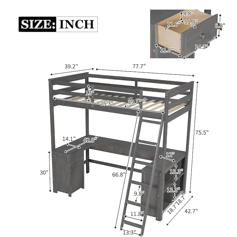Lit mezzanine simple avec bureau en U