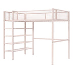 Lit mezzanine en métal rose avec étagères à 4 niveaux, poste de travail et garde-corps pleine longueur