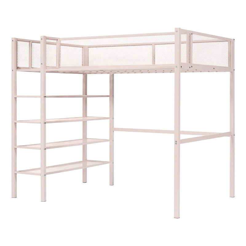 Lit mezzanine en métal rose avec étagères à 4 niveaux, poste de travail et garde-corps pleine longueur