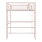 Lit mezzanine en métal rose avec étagères à 4 niveaux, poste de travail et garde-corps pleine longueur