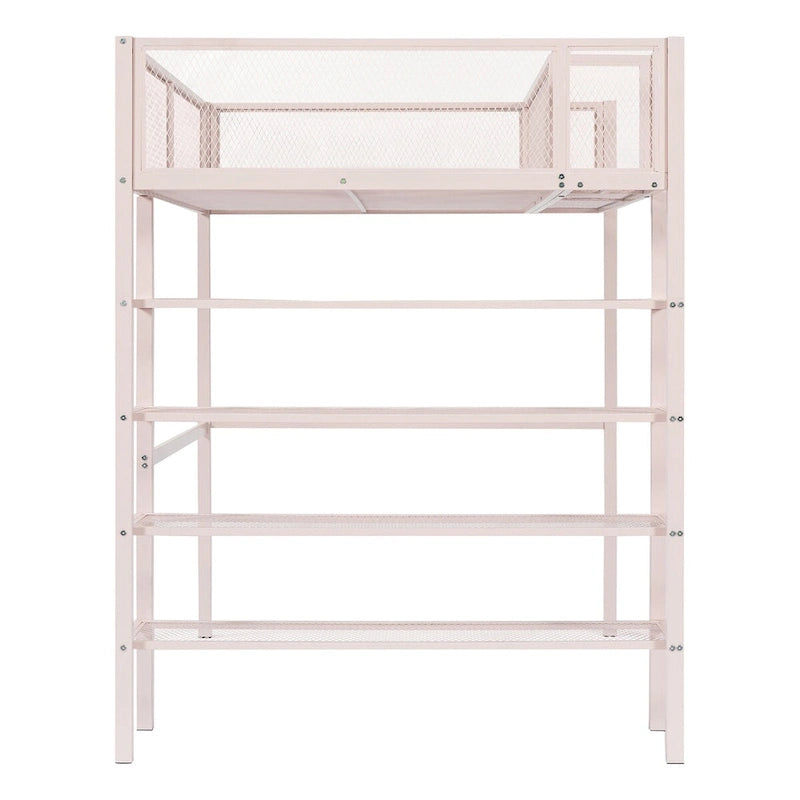 Lit mezzanine en métal rose avec étagères à 4 niveaux, poste de travail et garde-corps pleine longueur