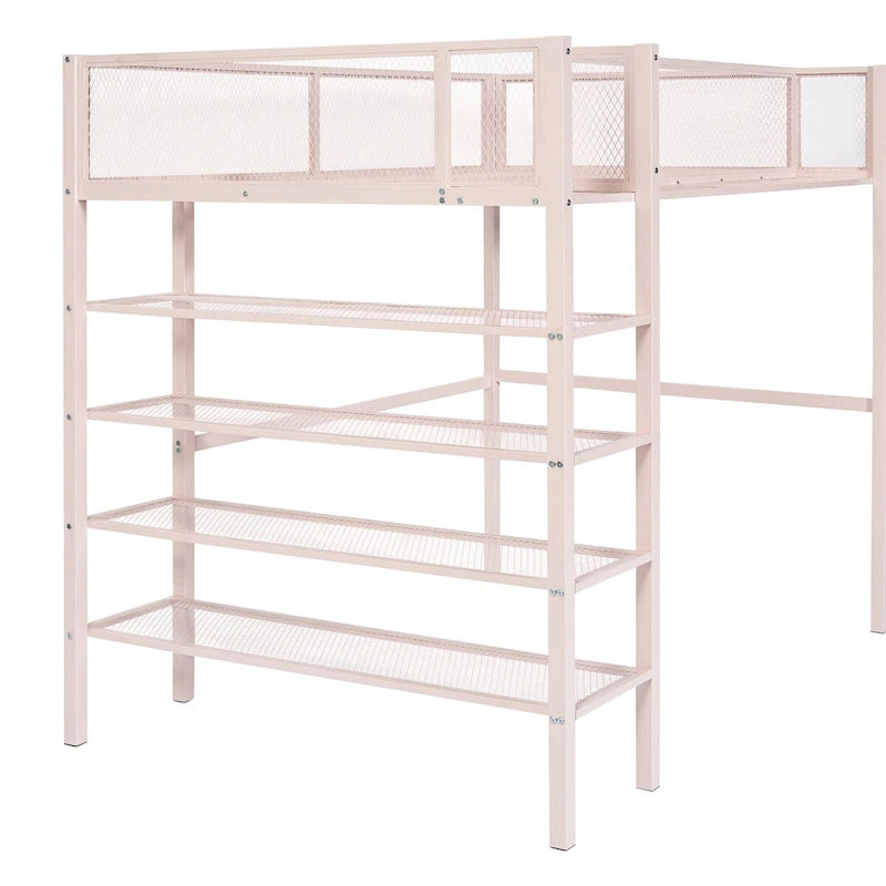 Lit mezzanine en métal rose avec étagères à 4 niveaux, poste de travail et garde-corps pleine longueur