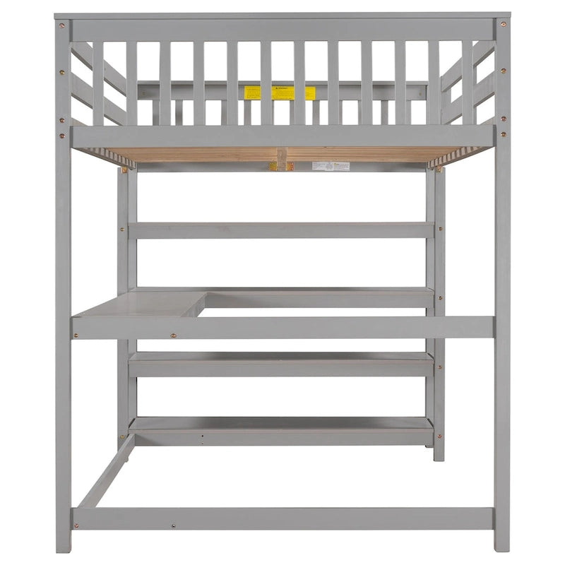 Lit mezzanine en bois massif gris avec bureau intégré, étagères de rangement et barrières de sécurité stables