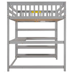 Lit mezzanine en bois massif gris avec bureau intégré, étagères de rangement et barrières de sécurité stables