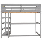 Lit mezzanine en bois massif gris avec bureau intégré, étagères de rangement et barrières de sécurité stables