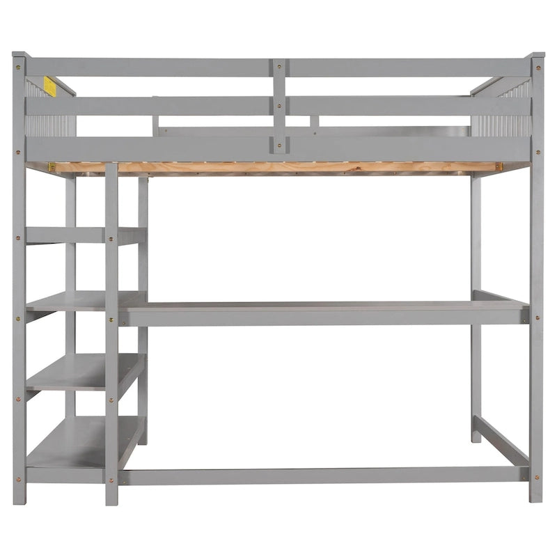 Lit mezzanine en bois massif gris avec bureau intégré, étagères de rangement et barrières de sécurité stables
