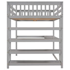 Lit mezzanine en bois massif gris avec bureau intégré, étagères de rangement et barrières de sécurité stables