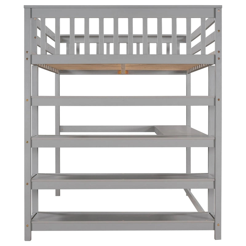 Lit mezzanine en bois massif gris avec bureau intégré, étagères de rangement et barrières de sécurité stables