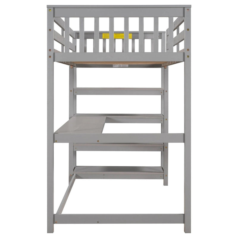 Lit mezzanine gris avec étagères de rangement et bureau sous le lit
