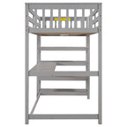Lit mezzanine gris avec étagères de rangement et bureau sous le lit